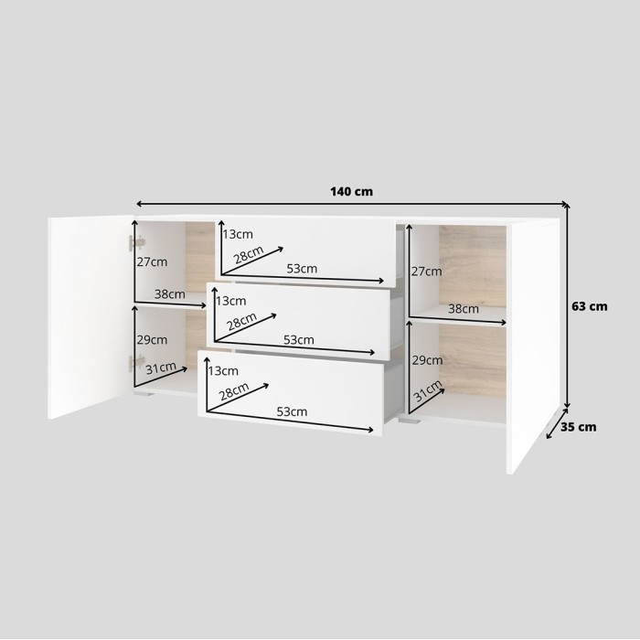 Buffet 140cm collection EVA 2 portes et 3 tiroirs. Couleur blanc et chêne.
