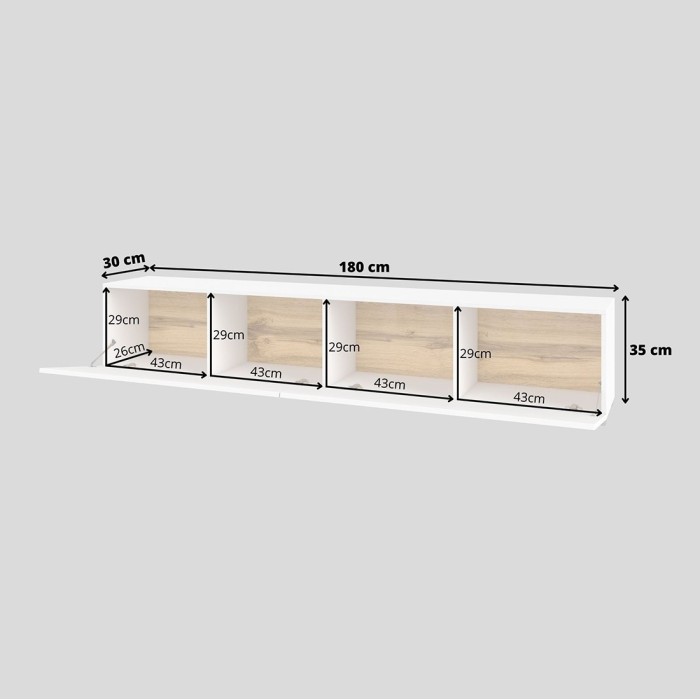 Meuble TV 180cm collection EVA. Couleur blanc et chêne.