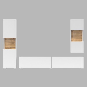 Ensemble de 3 meubles de salon collection EVA. Couleur blanc et chêne.