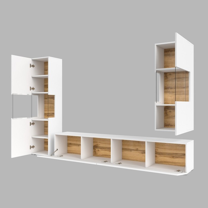 Ensemble de 3 meubles de salon collection EVA. Couleur blanc et chêne.