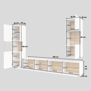 Ensemble de 3 meubles de salon collection EVA. Couleur blanc et chêne.