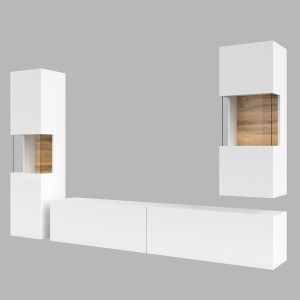 Ensemble de 3 meubles de salon collection EVA. Couleur blanc et chêne.