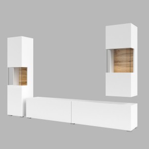 Ensemble de 3 meubles de salon collection EVA. Couleur blanc et chêne.