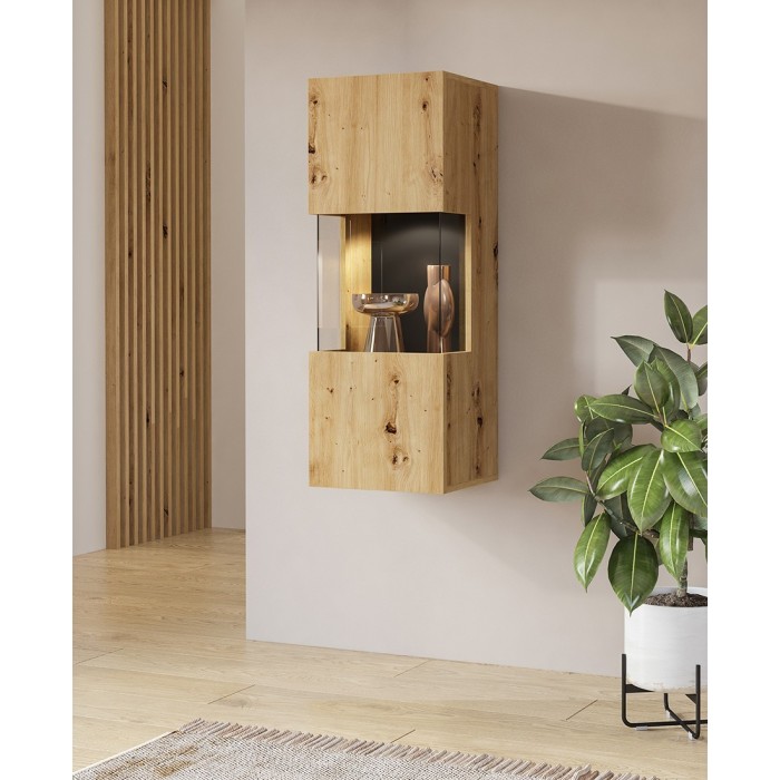 Petite vitrine suspendue 1 porte partiellement vitrée collection EVA. Couleur chêne et noir.