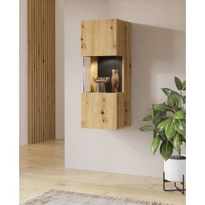 Petite vitrine suspendue 1 porte partiellement vitrée collection EVA. Couleur chêne et noir.