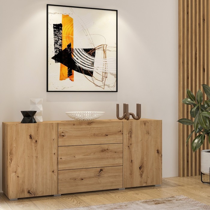 Buffet 140cm collection EVA 2 portes et 3 tiroirs. Couleur chêne et noir.