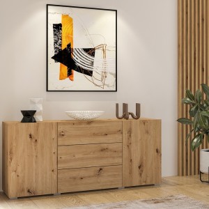 Buffet 140cm collection EVA 2 portes et 3 tiroirs. Couleur chêne et noir.