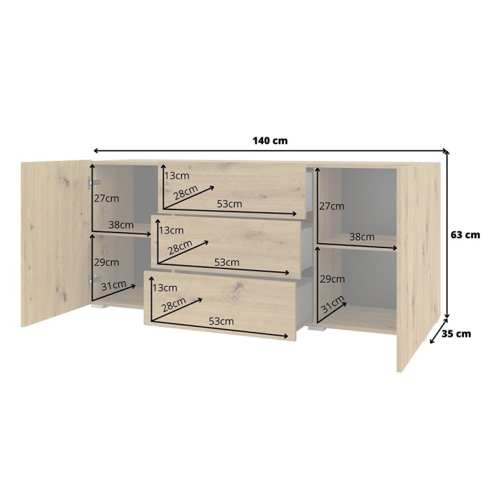 Buffet 140cm collection EVA 2 portes et 3 tiroirs. Couleur chêne et noir.