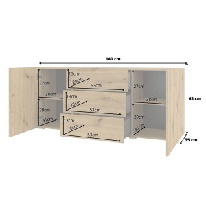 Buffet 140cm collection EVA 2 portes et 3 tiroirs. Couleur chêne et noir.