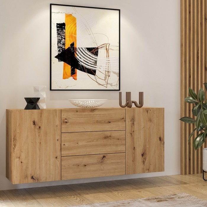 Buffet 140cm collection EVA 2 portes et 3 tiroirs. Couleur chêne et noir.