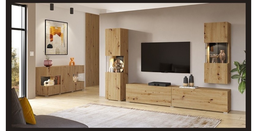 Ensemble de 4 meubles de salon collection EVA. Couleur chêne et noir.