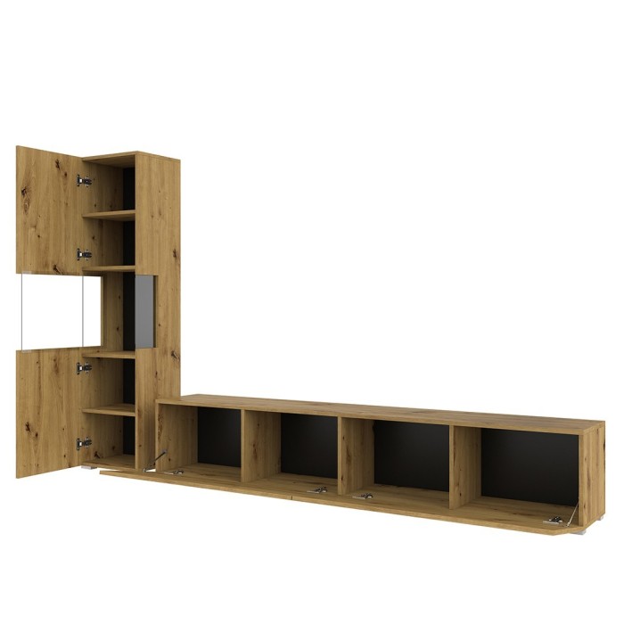 Ensemble meuble TV et vitrine collection EVA. Couleur chêne et noir.