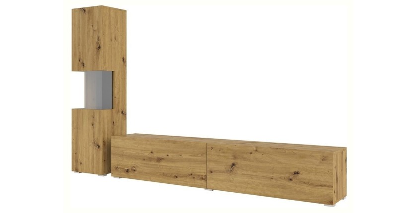 Ensemble meuble TV et vitrine collection EVA. Couleur chêne et noir.
