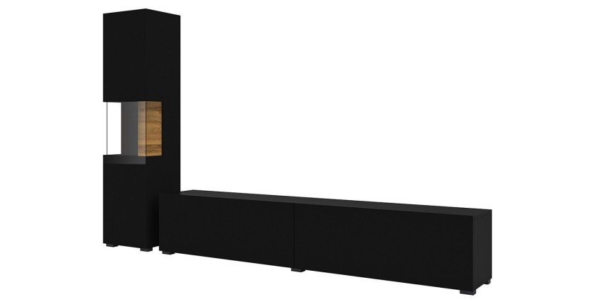 Ensemble meuble TV et vitrine collection EVA. Couleur noir et chêne.