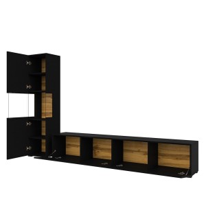 Ensemble meuble TV et vitrine collection EVA. Couleur noir et chêne.