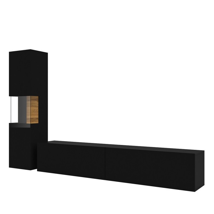 Ensemble meuble TV et vitrine collection EVA. Couleur noir et chêne.