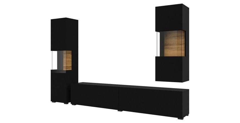 Ensemble de 3 meubles de salon collection EVA. Couleur noir et chêne.