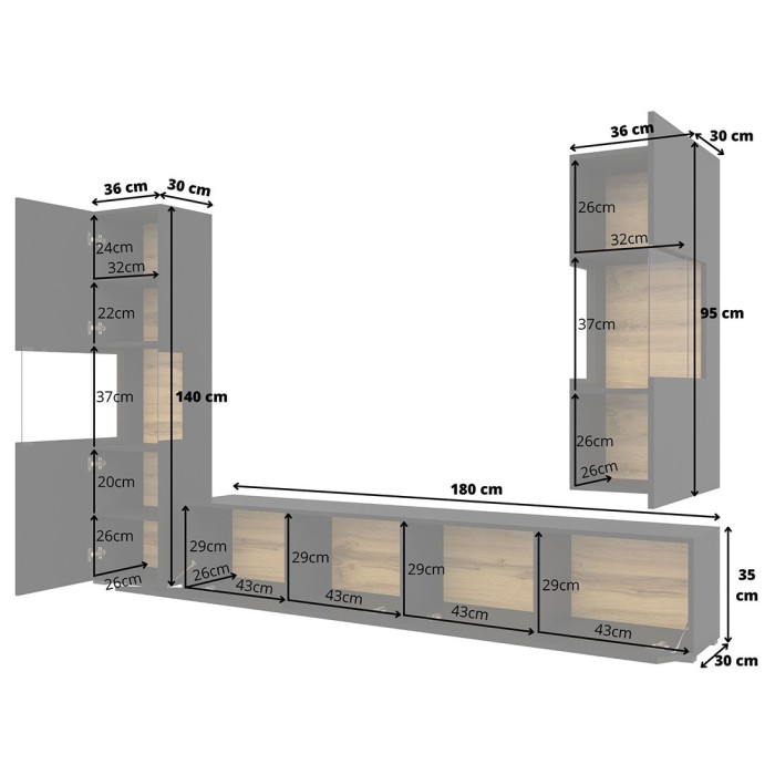 Ensemble de 3 meubles de salon collection EVA. Couleur noir et chêne.