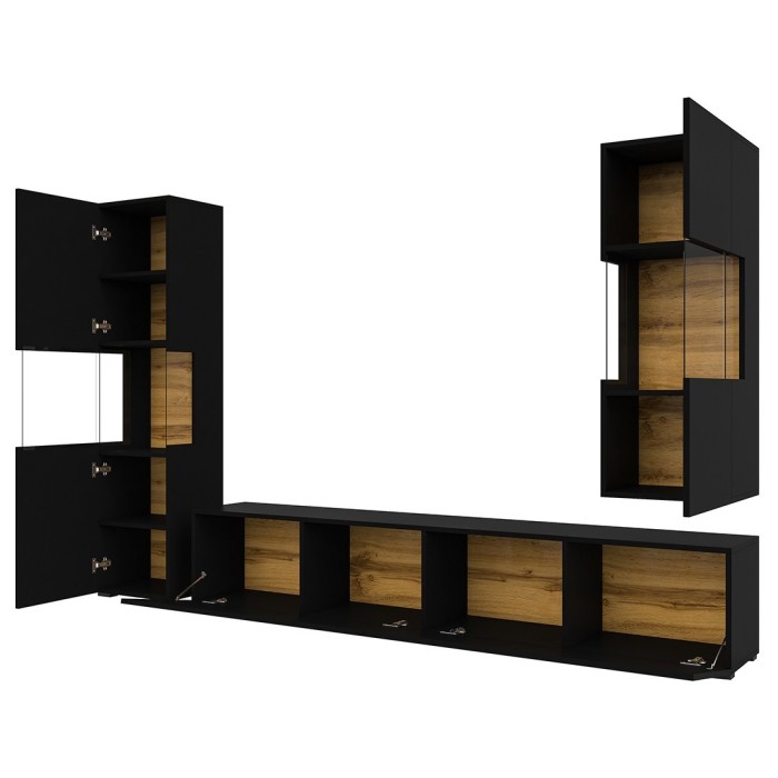 Ensemble de 3 meubles de salon collection EVA. Couleur noir et chêne.