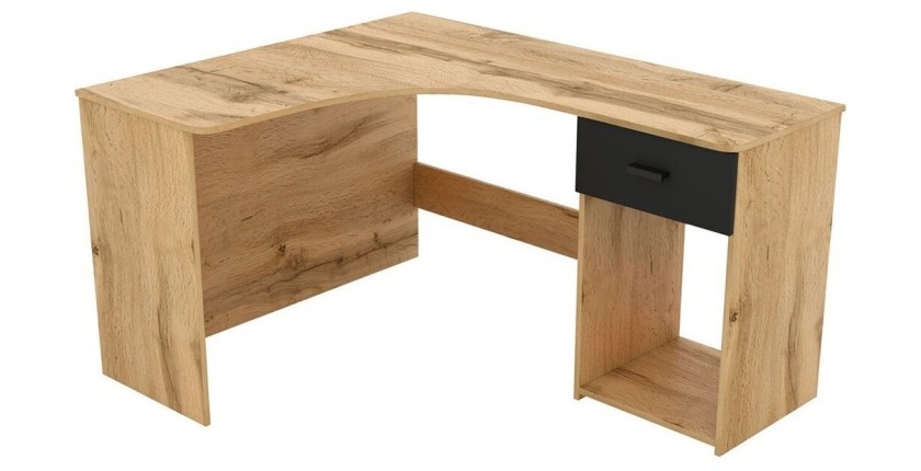 Bureau d'angle design avec nombreux rangements collection LOUANE coloris chêne et noir.