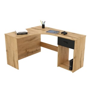 Bureau d'angle design avec nombreux rangements collection LOUANE coloris chêne et noir.