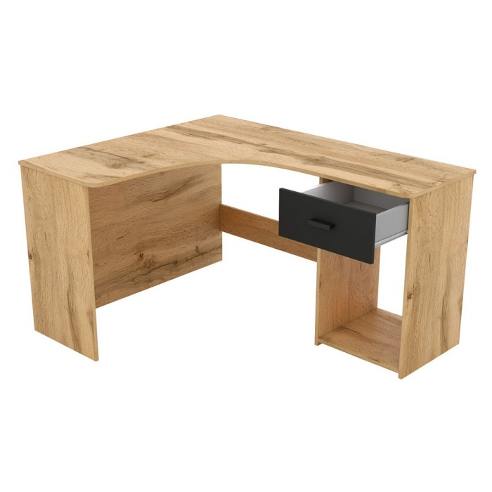 Bureau d'angle design avec nombreux rangements collection LOUANE coloris chêne et noir.