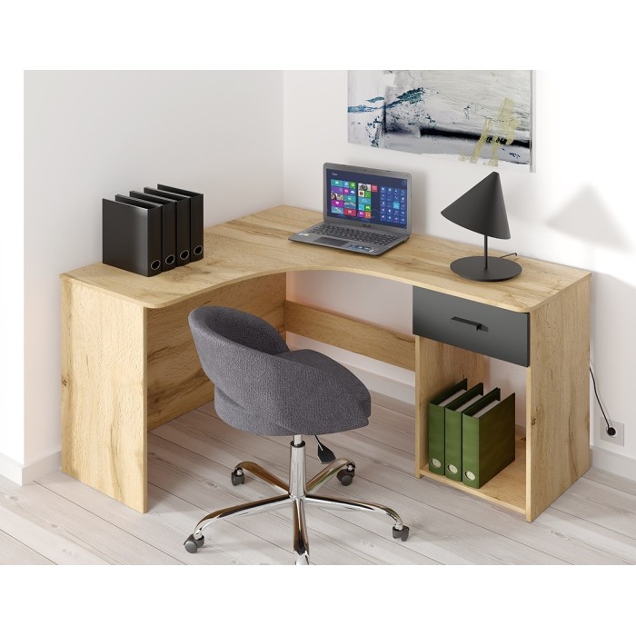 Bureau d'angle design avec nombreux rangements collection LOUANE coloris chêne et noir.