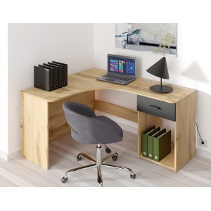 Bureau d'angle design avec nombreux rangements collection LOUANE coloris chêne et noir.