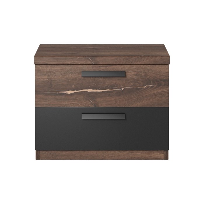Table de chevet deux tiroirs, collection FOX. Coloris chêne foncé et noir.