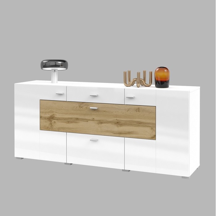Buffet 165cm collection KOBEE 3 portes et 2 tiroirs. Couleur blanc et chêne.