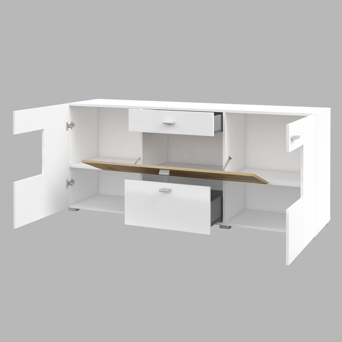 Buffet 165cm collection KOBEE 3 portes et 2 tiroirs. Couleur blanc et chêne.