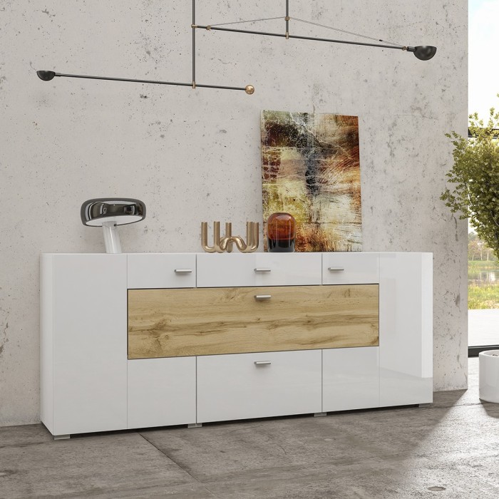 Buffet 165cm collection KOBEE 3 portes et 2 tiroirs. Couleur blanc et chêne.