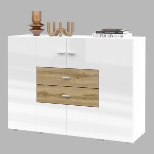 Buffet petit modèle 120cm collection KOBEE 2 portes et 2 tiroirs. Couleur blanc et chêne.