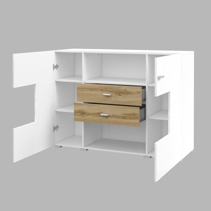 Buffet petit modèle 120cm collection KOBEE 2 portes et 2 tiroirs. Couleur blanc et chêne.