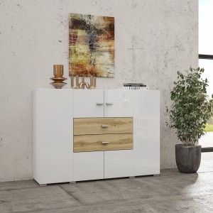 Buffet petit modèle 120cm collection KOBEE 2 portes et 2 tiroirs. Couleur blanc et chêne.