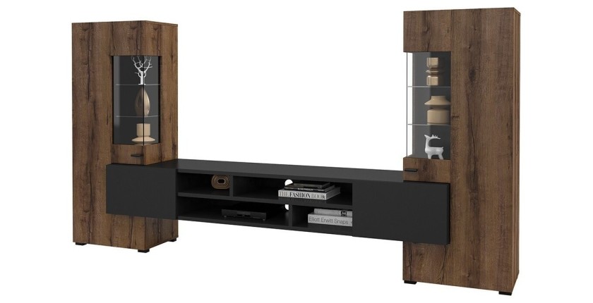 Ensemble de 3 meubles de salon collection KOBEE. Couleur chêne foncé et noir.
