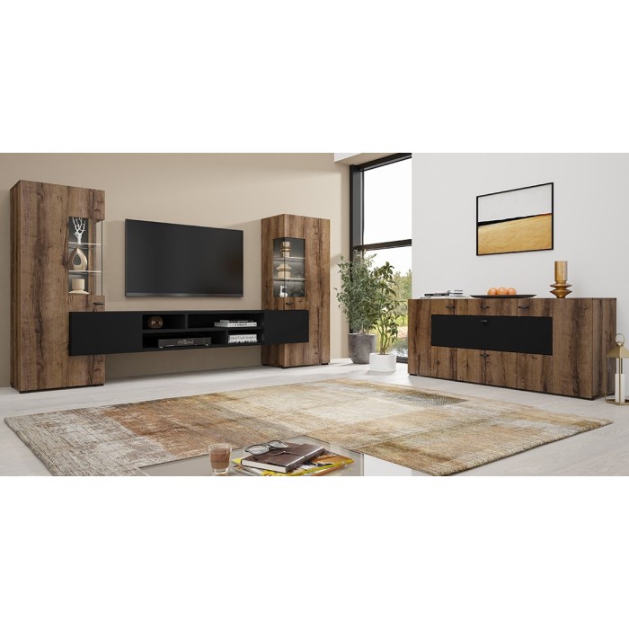 Ensemble de 3 meubles de salon collection KOBEE. Couleur chêne foncé et noir.