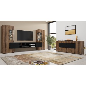 Ensemble de 3 meubles de salon collection KOBEE. Couleur chêne foncé et noir.