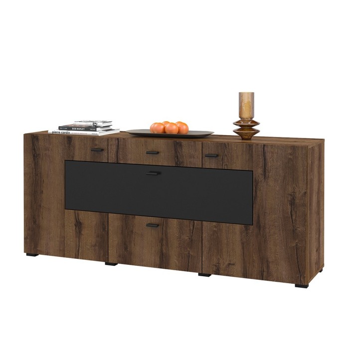 Buffet 165cm collection KOBEE 3 portes et 2 tiroirs. Couleur chêne foncé et noir.