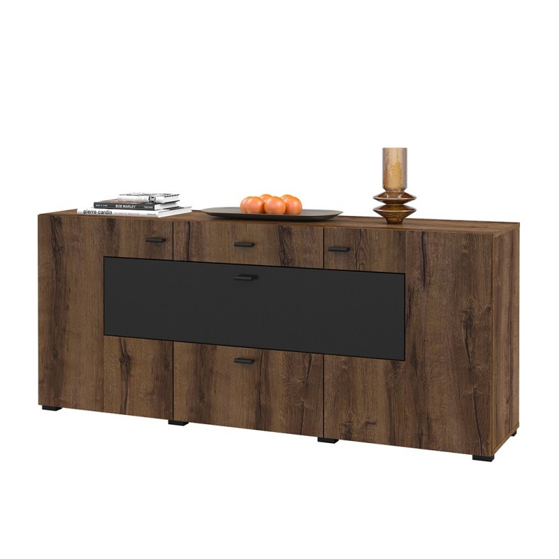 Buffet 165cm collection KOBEE 3 portes et 2 tiroirs. Couleur chêne foncé et noir.