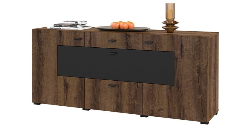 Buffet 165cm collection KOBEE 3 portes et 2 tiroirs. Couleur chêne foncé et noir.