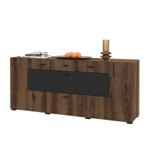 Buffet 165cm collection KOBEE 3 portes et 2 tiroirs. Couleur chêne foncé et noir.
