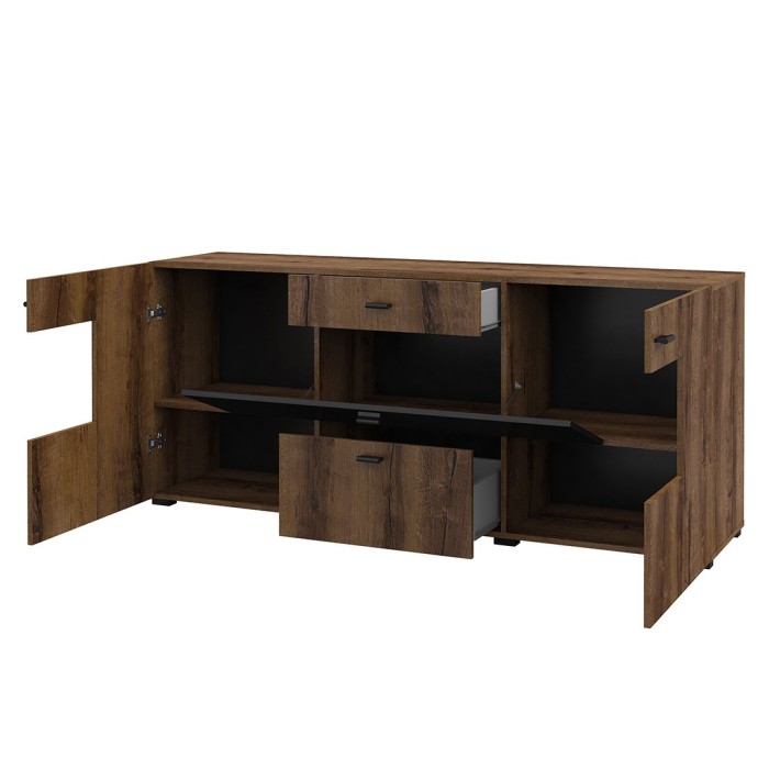 Buffet 165cm collection KOBEE 3 portes et 2 tiroirs. Couleur chêne foncé et noir.