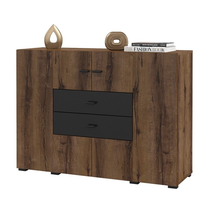 Buffet petit modèle 120cm collection KOBEE 2 portes et 2 tiroirs. Couleur chêne foncé et noir.