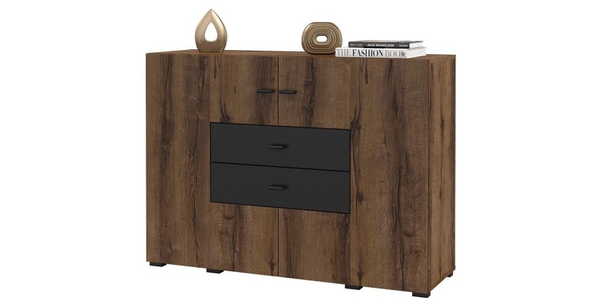 Buffet petit modèle 120cm collection KOBEE 2 portes et 2 tiroirs. Couleur chêne foncé et noir.