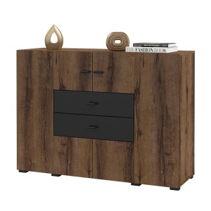 Buffet petit modèle 120cm collection KOBEE 2 portes et 2 tiroirs. Couleur chêne foncé et noir.