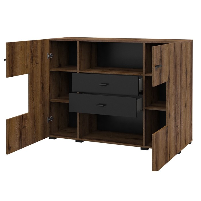 Buffet petit modèle 120cm collection KOBEE 2 portes et 2 tiroirs. Couleur chêne foncé et noir.