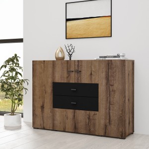 Buffet petit modèle 120cm collection KOBEE 2 portes et 2 tiroirs. Couleur chêne foncé et noir.