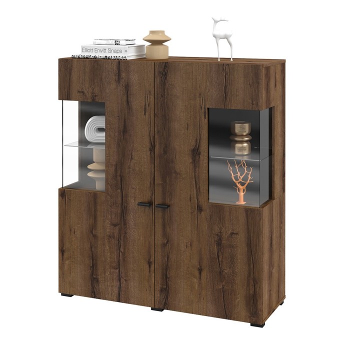 Buffet haut collection KOBEE 2 portes vitrées avec LED intégrée. Couleur chêne foncé et noir.