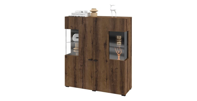 Buffet haut collection KOBEE 2 portes vitrées avec LED intégrée. Couleur chêne foncé et noir.